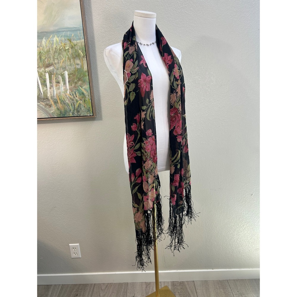Sue Wong Nocturne 100% Silk Floral Beaded Fringe Scarf Black Pink Wrap Shawl - Picture 2 of 5